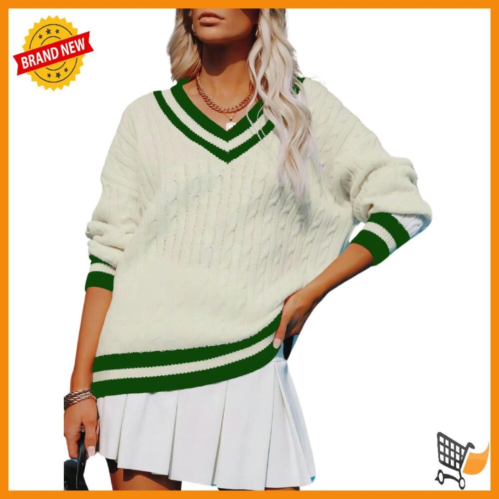 Women's V-Neck Cable Knit Sweater Long Sleeve Pullover Preppy Striped